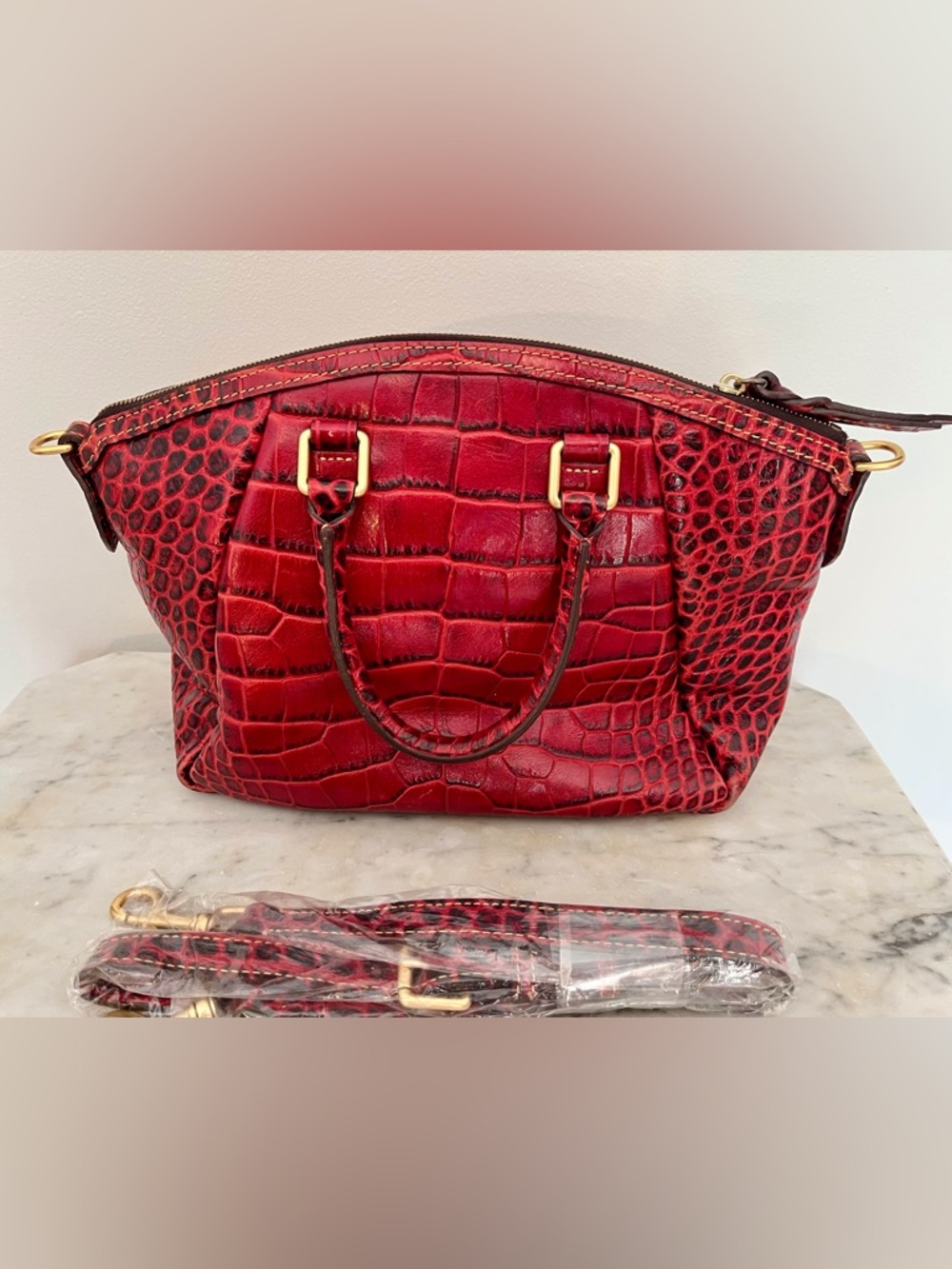 Dooney & Bourke Red Croc-Embossed Satchel with Gold Hardware - Picture 3 of 14